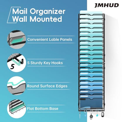 21-Tier Hanging Wall File Organizer with 5 Hooks, Wall File Holder with Labels, Vertical Wall Mount Mail Organizer for Papers, Folders, Magazines, Office Organization, Assembly Needed, Black - size: 21 Tier-Black