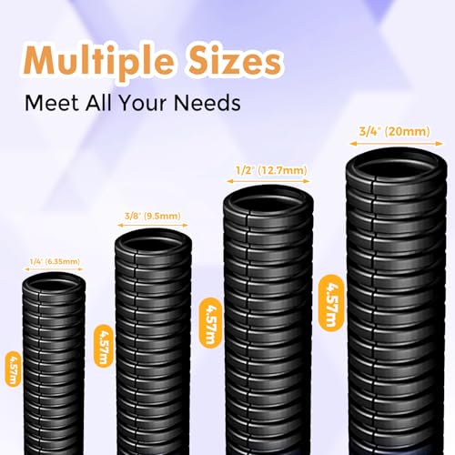 Automotive Wire Loom Flame Retardant Split Wire Loom Tubing Assortment Wiring Loom Kit Plastic Cover Electrical Covering Conduit Protective Wire Wrap Cable Sleeves Black 1/4", 1/2", 3/8", 3/4"x 15 Ft - size: 1/4", 1/2", 3/8", 3/4"x 15 Ft