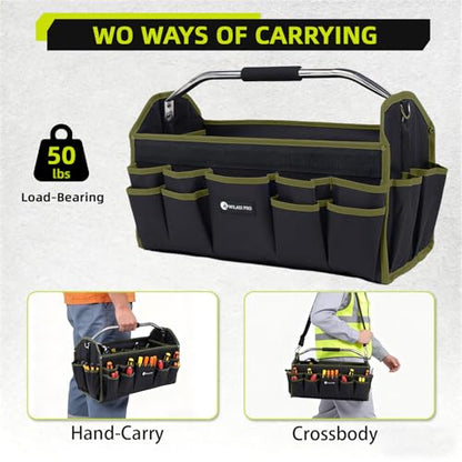 22in Tool Bags For Men Heavy Duty, 33 PCS Pockets Tool Bag Organizer Foldable Open Top Tool Bag With Handle, Wide Mouth Electrician Tool Tote, Green - size: 22inch