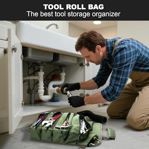 Roll Up Tool Bag, Heavy Duty Waterproof Portable Tool Storage Organization, Tool Bags For Men Tool Organizer with 2 Detachable Zipper Pouches Rollable Carrying, Dad Men Mechanic Welding Birthday Gift