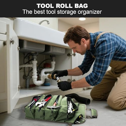 Roll Up Tool Bag, Heavy Duty Waterproof Portable Tool Storage Organization, Tool Bags For Men Tool Organizer with 2 Detachable Zipper Pouches Rollable Carrying, Dad Men Mechanic Welding Birthday Gift