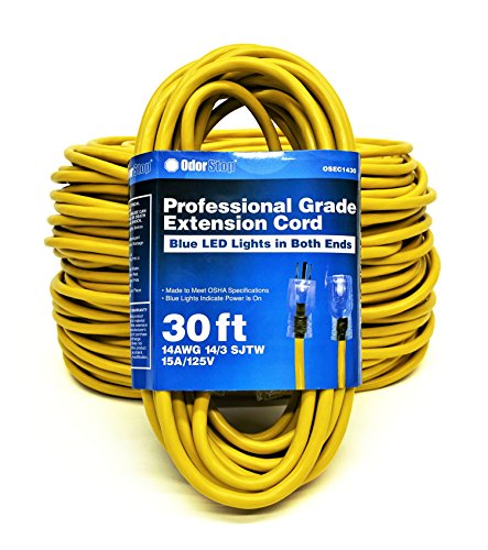 OdorStop OSEC1430 Extension Cords with Blue LED Lights on Both Ends, 14/3 SJTW, 30-ft - size: 14/3, 30 ft