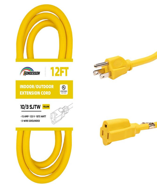 Indoor Outdoor Extension Cord Weatherproof, UL Certified, 10 Gauge 12FT Yellow 3 Prong Heavy Duty, 10/3 SJTW 15A Power Cord for Outdoor Lights, Appliances, Lawn - color: Yellow, size: 12FT, style: 10/3