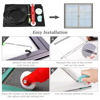 Window Screen Repair Kit, 48"x142" Window Screen Mesh, Window Screen Replacement Kit Include Durable Fiberglass Mesh/Roller/Hook/Ruler/Cutter/33Ft Spline for House Windows Doors Replacement