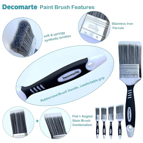 Paint Brush Set for Painting Cabinets, Small Fence Wall Stain Brushes Assortment, Smooth Synthetic Short Bristle Paintbrushes with Soft Grips – Double Thick Chip Brush Variety- Pack of 5