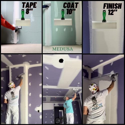 Medusa's Flexible Stainless Steel Drywall Taping Knife Set with 12" Mud Pan and Grip: Classic Style Light Weight Handles with Strong Flexible Blades for Professional and beginner friendly Finishers