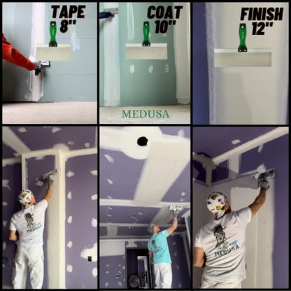 Medusa's Flexible Stainless Steel Drywall Taping Knife Set with 12" Mud Pan and Grip: Classic Style Light Weight Handles with Strong Flexible Blades for Professional and beginner friendly Finishers