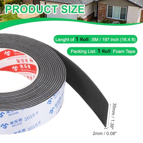 PATIKIL Sponge Rubber Foam Tape, 1 3/8" W x 5/64" t x 16.4ft l Self-Adhesive Foam Insulation Tape Weather Stripping for Window Door Soundproofing Weatherstrip AC Seal Strip, Black - size: 1 3/8" x 5/64" x 16.4ft
