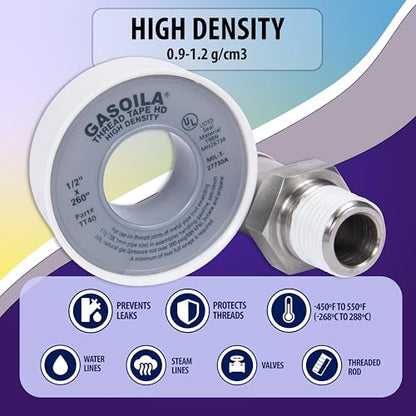 Gasoila PTFE Thread Seal Tape – Professional-Grade, 1/2 Inch x 260 Inch, High-Density Thread Tape for Plumbing, HVAC, Gas Lines, Water Pipes, and Air Compressors – Leak-Proof Seal, Non-Toxic - size: 1/2 Inch x 260 Inch Roll- 1 Pack (High Density)