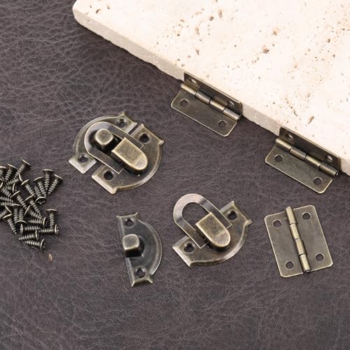 Thinp Antique Bronze Jewelry Box Hinges and Latches, Retro Small Hinges for Wooden Box Metal Small Hinge for Wood Boxes Project Cabinet with Matching Screws (2* Catch + 4* Hinges)