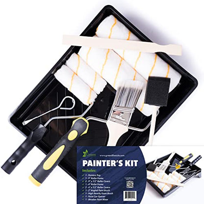 Premium Painting Tool Kit with Roller Covers, Roller Frames, Brushes and Tray for Household Painting Touch-ups, Cabinets and Crafts (11-Piece)