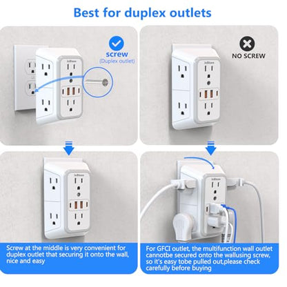 2 Pack Outlet Extender Surge Protector, 6 Outlet Splitter with 4 USB Outlet (2 USB A,2 USB C), 3Sided Power Strip with Adapter Spaced Outlets for Home, Office, Travel(White) - color: White 2PCS