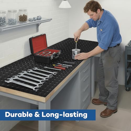 48" x 17" Work Bench Pad PVC Workbench Mat with Non-Slip Steel Plate Texture, 1.5mm Thick Scratch & Stain Resistant Surface for Woodworking, Crafting, DIY Projects and Tool Protection