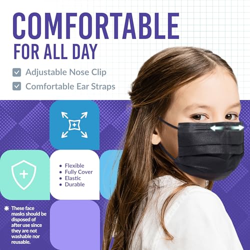 Medtecs Kids Face Mask Disposable - 2 Sizes Option (Child/Youth) 50 PCs - Comfy 3-Ply Breathable Children Masks, The Better Choice - Child | Black - color: 01. Black, size: Child - 50 Pc