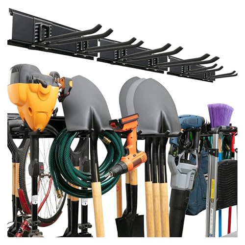 Garage Tool Organizer Wall Mount 48 Inch, Heavy Duty Metal Tool Rack with 3 Racks & 6 Adjustable Hooks, Wall Mounted Garden Tool Storage for Garage, Shed, Holds Shovels, Brooms & Tools - size: 06 Hooks