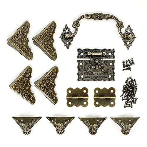 Antique Jewelry Box Lock Latches Hasp Hinges Retro Drawer Handle Vintage Legs Feet Corner Protector with Screws Hardware Kit Decorative for Small Jewelry Gift Box Wood Case Crafts DIY (One Set) - size: Rectangular Latch
