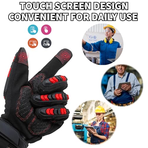 Heavy-Duty Work Gloves,Synthetic Leather Impact Protection Mechanic Rigger Glove,High Dexterity,Vibration Reduction,Touchscreen,Large,Red+Black - color: Red+black, size: Large
