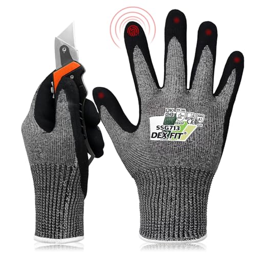 DEX FIT Level 7 Cut Resistant Gloves SSG713 - Steel Fiber Protection, Sandy Nitrile Grip, Durable, Comfort and Dexterity, Lightweight and Thin for Precision Work, Machine Washable; Grey S (7) 1 Pair - color: Grey, size: Small (1 Pair)