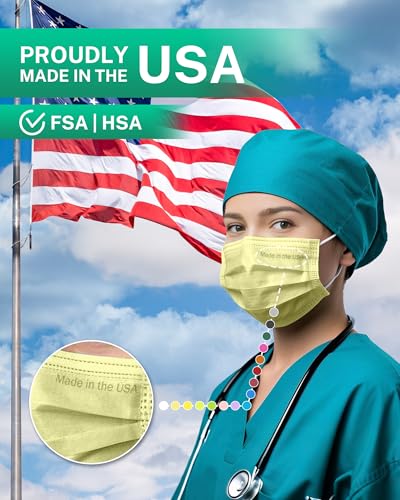 Disposable Face Masks Made in USA, 4 Ply for Families, Students, Breathable All-Day Wear & Safety, FSA HSA Eligible, ASTM Level 3 Medical Grade, 50 Pack, Light Yellow - color: Light Yellow, size: 50 Pack, style: Resealable Bag