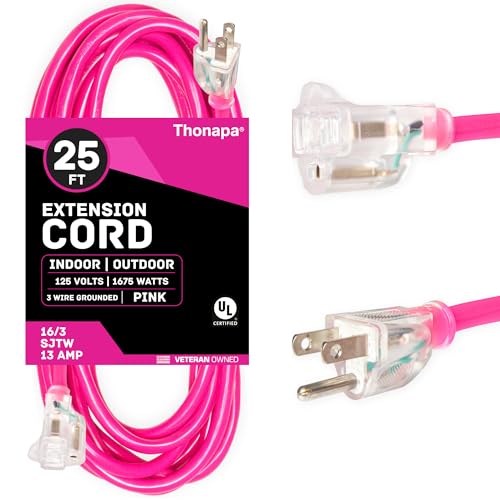 THONAPA 25 Ft Outdoor Extension Cord with 3 Prong, 16/3 SJTW Neon Pink Extension Cord 25ft, 13 AMP for Indoor or Outdoor Use, Small Appliances, Gardens, Lawn, Lights Decor - UL Listed - color: Neon Pink, size: 25 Foot