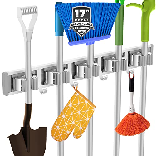 reliahom Broom Holder Wall Mount, 5 Racks with 4 Hooks Silver - Mop Storage Tool Racks, Broom Hanger Tool Organizer for Garage, Kitchen, Garden, Laundry Room - color: Silver, size: 1 Pack 5R4H