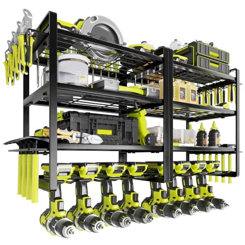 KAFAHOM Power Tool Organizer Wall Mount, 4-Tier Drill Holder for Cordless Tools, 2-Pack Set, Garage Storage Rack with Side Hooks for Hammers & Pliers, Tool Organizer for Workshop/Utility Room - color: Black-2Pack, size: New 2 Pack