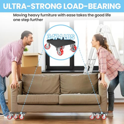 Upgrade 3474LBS Heavy Duty Furniture Dolly & Movers, 6.5" Carbon Steel Panel with 5 360° Rotatable Rubber Universal Wheels, Includes Non-Slip Sliders & Lifter Tool for Moving Pianos, Sofa, Appliances - color: Black(upgrade)