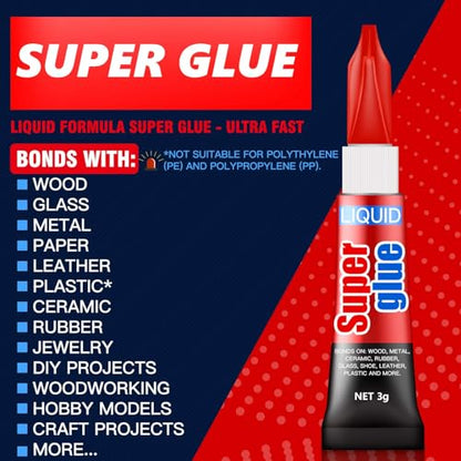 3 Gram (Pack of 6) Single Use Super Glue Liquid, Super Fast, Thin & Strong Adhesive Superglue, Cyanoacrylate Glue for Hard Plastics, DIY Craft, Ceramics, Leather, Metal Etc - size: Pack of 6, style: Liquid