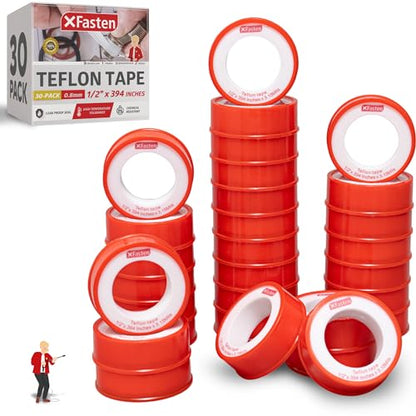 XFasten Teflon Tape for Plumbing, 1/2 Inch x 394 Inches (30-Pack, 19,700" Total) – PTFE Plumbers Tape for Shower Head, Pipe Thread Seal, Garden Hose, and Leak Repairs – Watertight Sealing