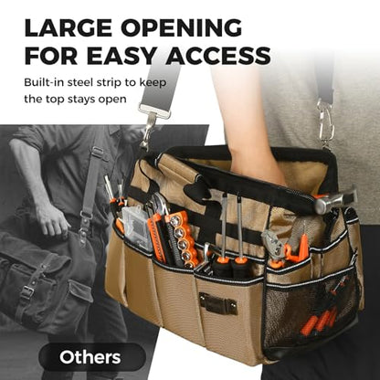 COMOWARE 19-Pocket Tool Bag, 16“ Heavy Duty Tool Organizer with Adjustable 51.2" Shoulder Strap, 1680D Oxford Fabric & PVC Coating, Reflective Strips, Tactical Loops, Mechanics, DIY - color: Khaki