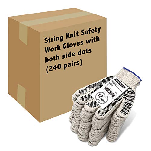 Evridwear Cotton Polyester String Knit Shell Safety Protection Work Gloves for Painter Mechanic Industrial Warehouse Gardening Construction Men One Case (12 PairsX20) With Two Side dots, M Size - color: Two Side Dots - 240 Pairs, size: Medium