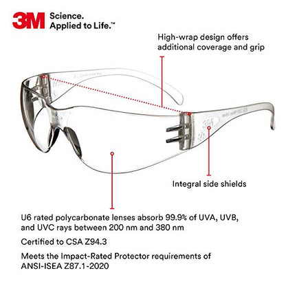 3M Safety Glasses, Virtua, 20 Pair, ANSI Z87, Unisex, Anti-Fog, Scratch Resistant, Clear Lens, Clear Frame, Affordable Eye Protection, Lightweight, Wraparound Coverage - size: Pack of 20, style: Anti-fog, Anti-scratch