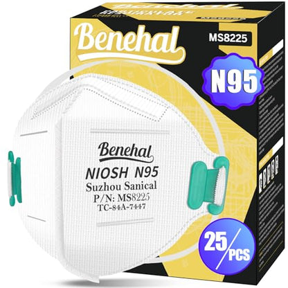 benehal NIOSH Approved N95 Mask Particulate Respirators, Pack of 25 N95 Face Masks, Individually Wrapped,White - color: White, size: 25 Count (Pack of 1)