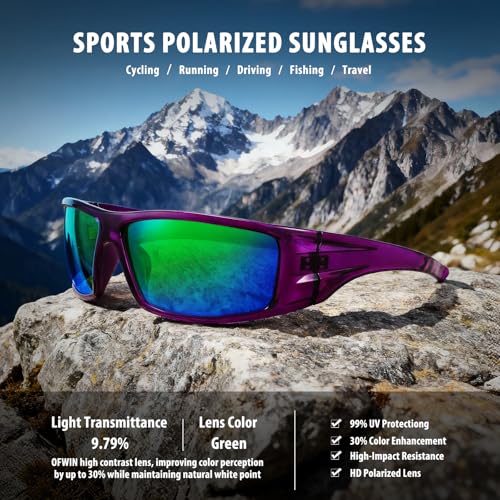 Polarized Sports Sunglasses for Men Women Unbreakable Frame Cycling Fishing Wrap Around Sunglasses UV400 Protection - color: 1-clear Purple/Green Mirror Lens