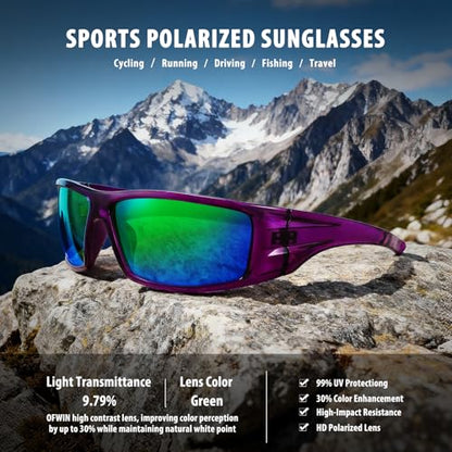 Polarized Sports Sunglasses for Men Women Unbreakable Frame Cycling Fishing Wrap Around Sunglasses UV400 Protection - color: 1-clear Purple/Green Mirror Lens