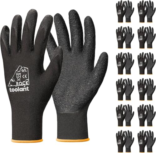 toolant Crinkle Latex Work Gloves Bulk, Rubber Coated Safety Work Gloves for Men and Women, 12 Pairs for Construction, Gardening, Warehouse (Black, Medium) - color: Black, size: Medium