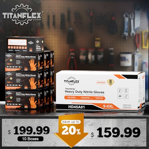 TitanFlex Heavy Duty Orange Industrial Nitrile Gloves with Raised Diamond Texture, Latex Free (6mil/8mil) - color: 03 8mil (1000ct), size: XX-Large