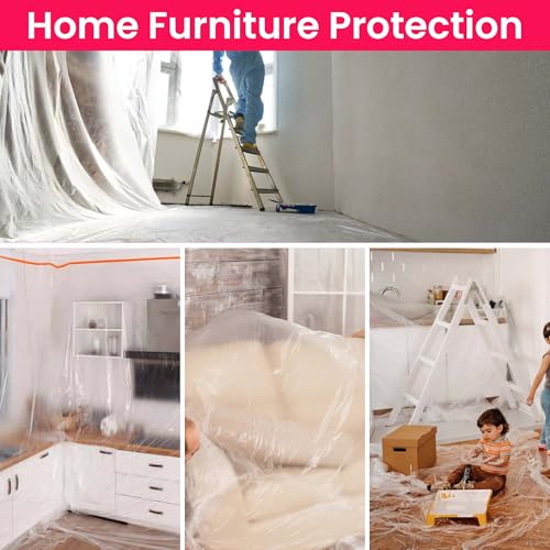 TAPEBEAR Pre-Taped Masking Film, 102" x 56Feet x 3Roll Plastic Sheeting Cover for Painting, Tape and Drape, Painters Masking Tape Film Plastic Drop Cloths for Auto, Appliance and Furniture - size: 102" x 56Feet x 3Roll
