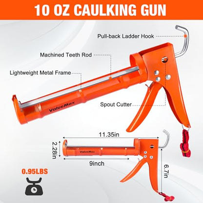 ValueMax Caulk Gun and Caulk Scraper Kit, 10OZ Smooth Silicone Caulking Gun with Caulk Remover Tool, 10:1 Thrust Ratio, Sealant Finishing Tool Grout Scraper for Caulking/Filling/Sealing