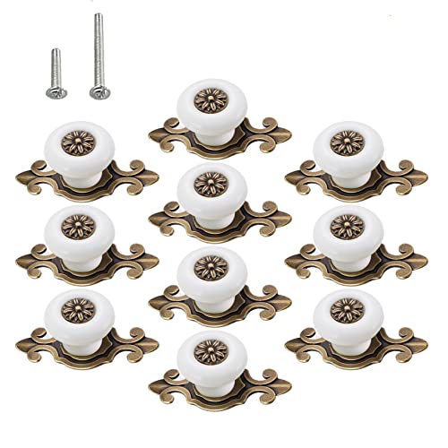 HUAMULAN 10 Pack Retro Ceramic Knobs,Vintage Dresser Kitchen Petal Cabinet Pulls Zinc Alloy Base Back Plate Cupboard Wardrobe Drawer Door Handles,Bronze+White - color: A1-White-10PACK