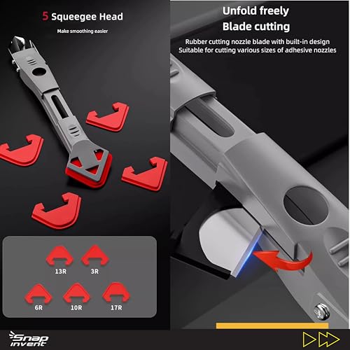 Caulking Silicone Smother Remover Tool, 7-in-1 kit Scraper, Silicone Smoother, Rubber Shovel, 5 Pads, Sickle, 4 Blades. Stainless Steel Nozzle applicator, Tile Grout Caulk Removal Set I Red - color: Red