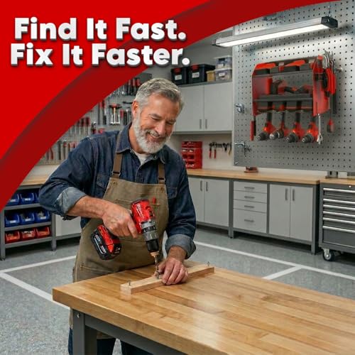 Heavy Duty Power Tool Organizer – 4 Drill Holders, Pegboard, Side Racks – Garage Storage Rack for DIYers – Metal Power Tool Shelf, Easy Install – Red