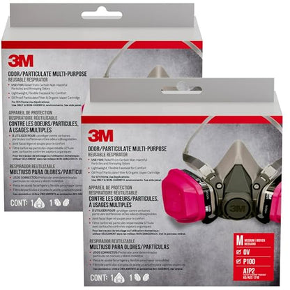 3M P100/OV Odor/Particulate Multi-Purpose Reusable Respirator 65021, NIOSH-APPROVED Organic Vapor Cartridge, Medium - size: 1 Count (Pack of 2)