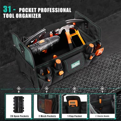 17 Inch Tool Bag,Electrician Tool Bags,Heavy Duty Open Top Tool Tote,31 Pocket Tool Box Organizer with Stainless Steel Handle & Adjustable Shoulder Strap, Black/Green