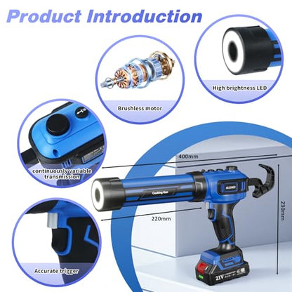 Cordless Caulking Gun, Battery Powered Caulk Gun, Electric Caulking Gun w/2 x 2.0Ah Batteries,LED Light, Auto Retract for Filling, Sealing