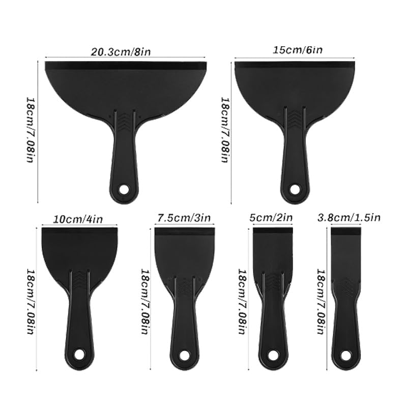 6 Pcs Plastic Putty Knife Set - Flexible Paint Scraper Tool, Black Spackle & Plastering Tool, Multi-Purpose plastic putty knife for Wall Repair and DIY Projects
