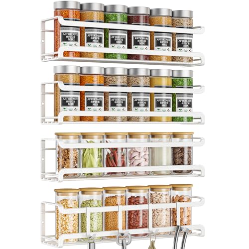 Bunoxea Spice Rack wall mounted 4 Pack, Space-Saving Spice Organizer for Spice Jars and Seasonings,Screw or Adhesive Hanging Spice Rack Organizer for Your Kitchen Cabinet,or Pantry Door,White - color: White, size: 4Pack
