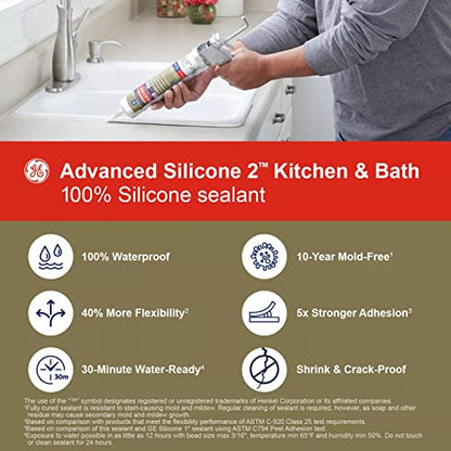 GE Sealants & Adhesives Advanced Silicone 2* Kitchen & Bath Sealant, 10.1oz, White