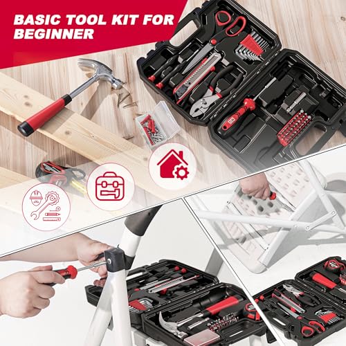 Prostormer 93-Piece Tool Kit, Basic Household Repair Tool Set with Toolbox Storage Case, Small Starter Tool Box Kit for Homeowners and College Students (Red) - color: Red