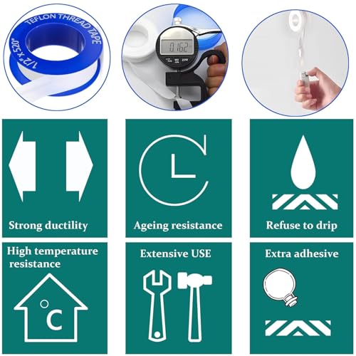 Teflon Plumbers Tape 5 Rolls 1/2 Inch(W) X 520 Inches(L),Pipe Sealing & Plumbing Thread Tape,PTFE Water Sealant Seal for Shower Head - color: 5 Rolls